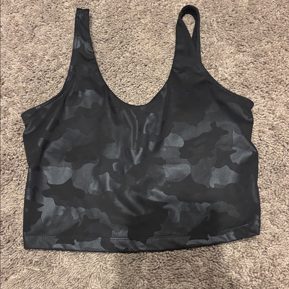 Yogalicious - Women's Lux Foil Cropped Tank Top Bra small black grey shine camo